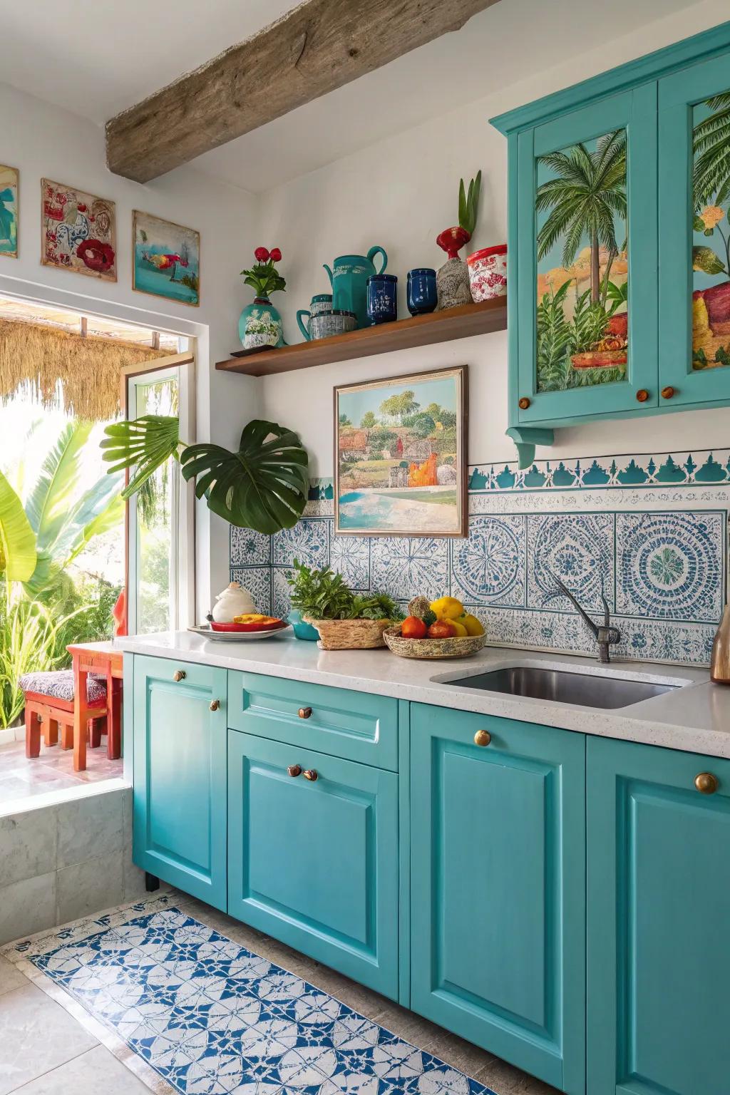 Aqua cabinets bring the Caribbean sea into your kitchen.