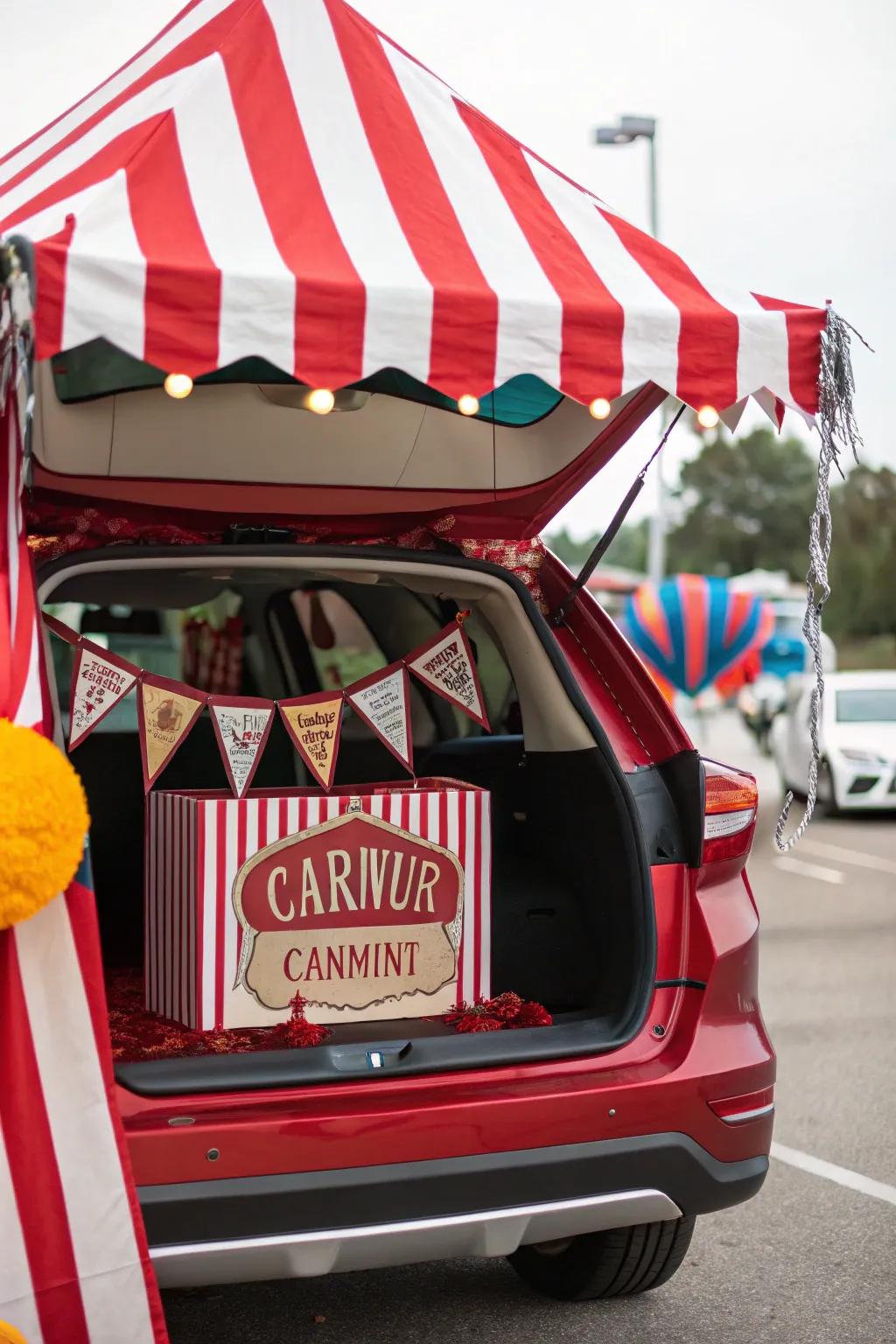 A vehicle trunk converted into a timeless circus tent, showcasing vibrant red and white stripes.