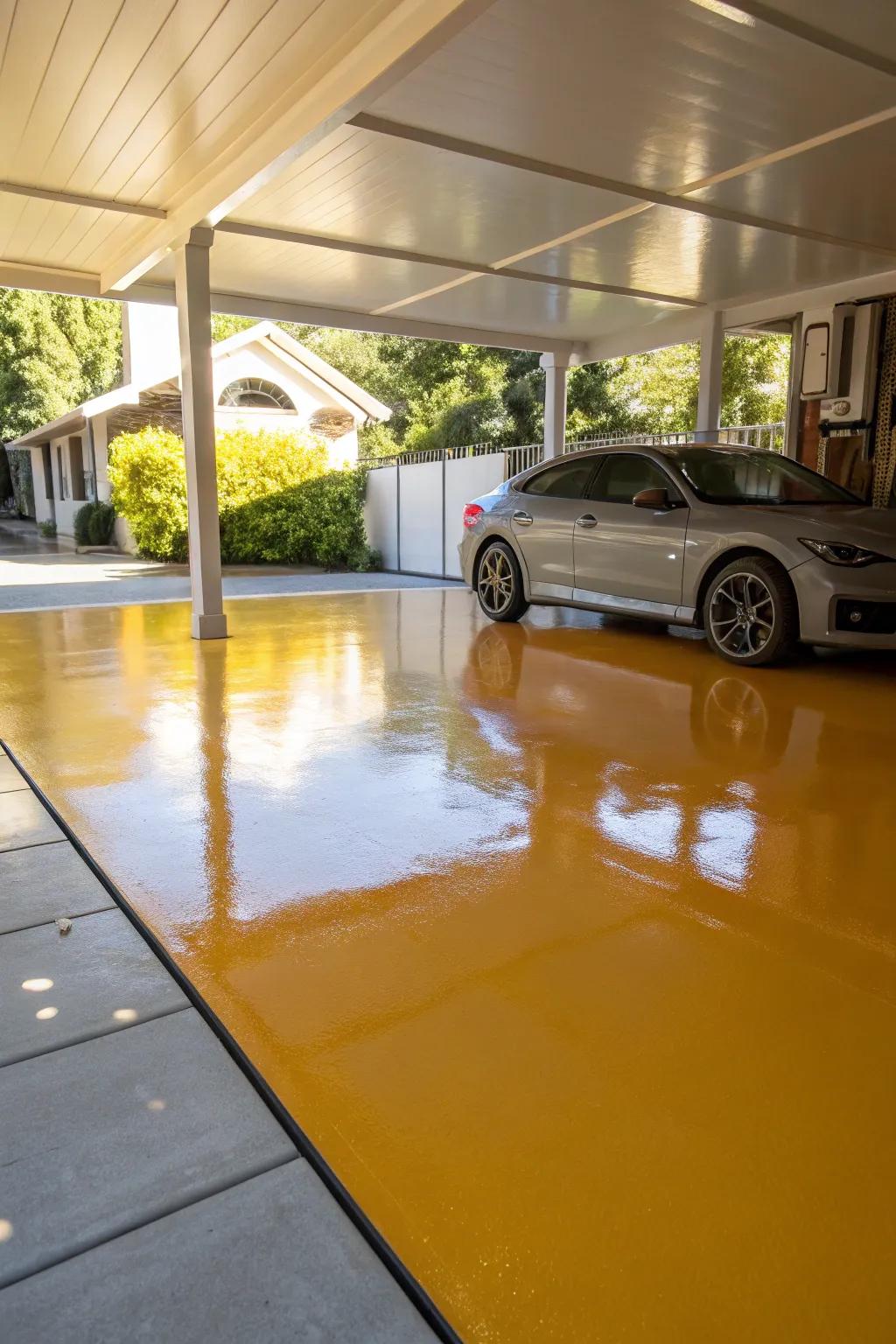 Epoxy floors lend a refined, lustrous aesthetic to your carport.