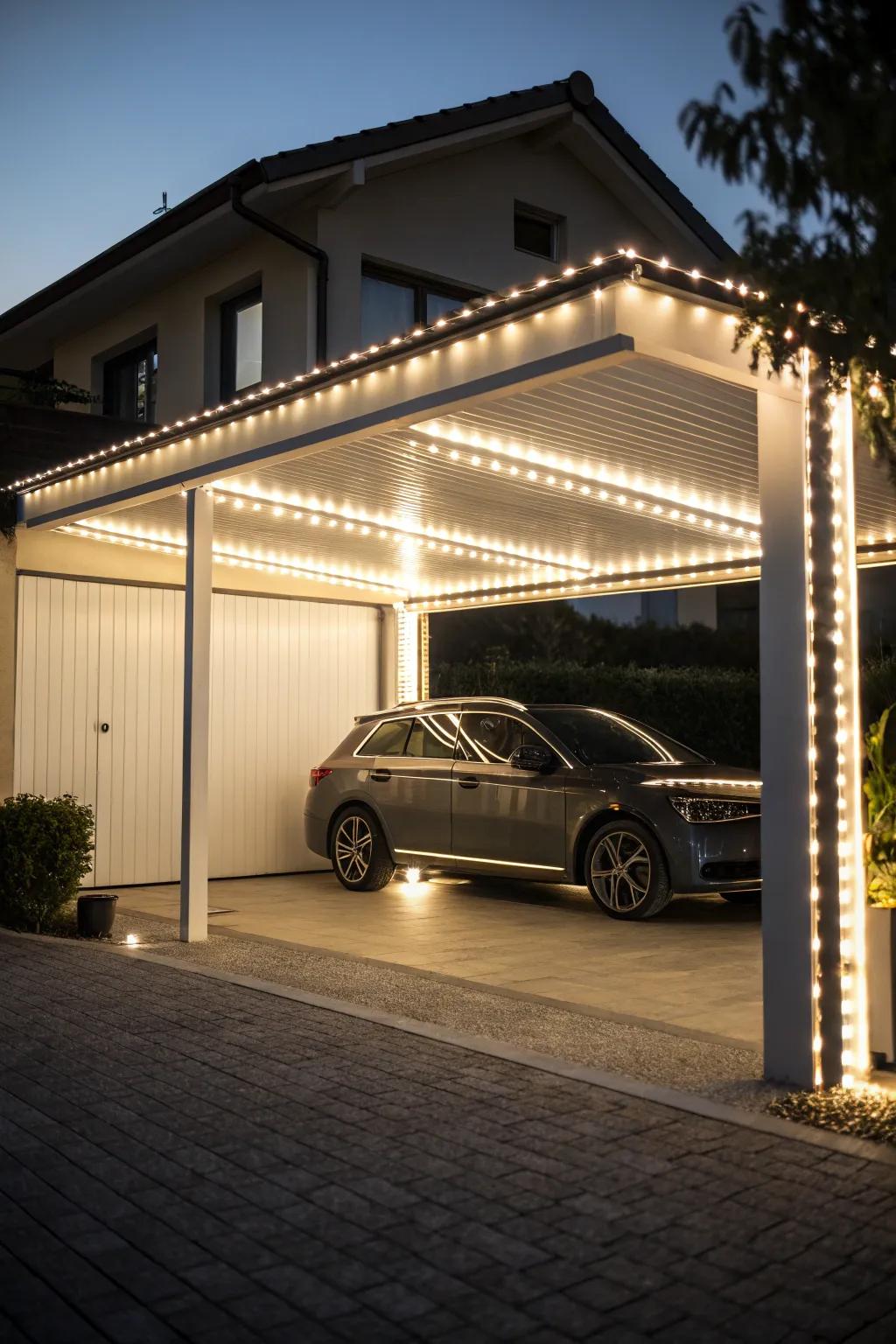 LED strips cast a soft, welcoming glow over your carport.
