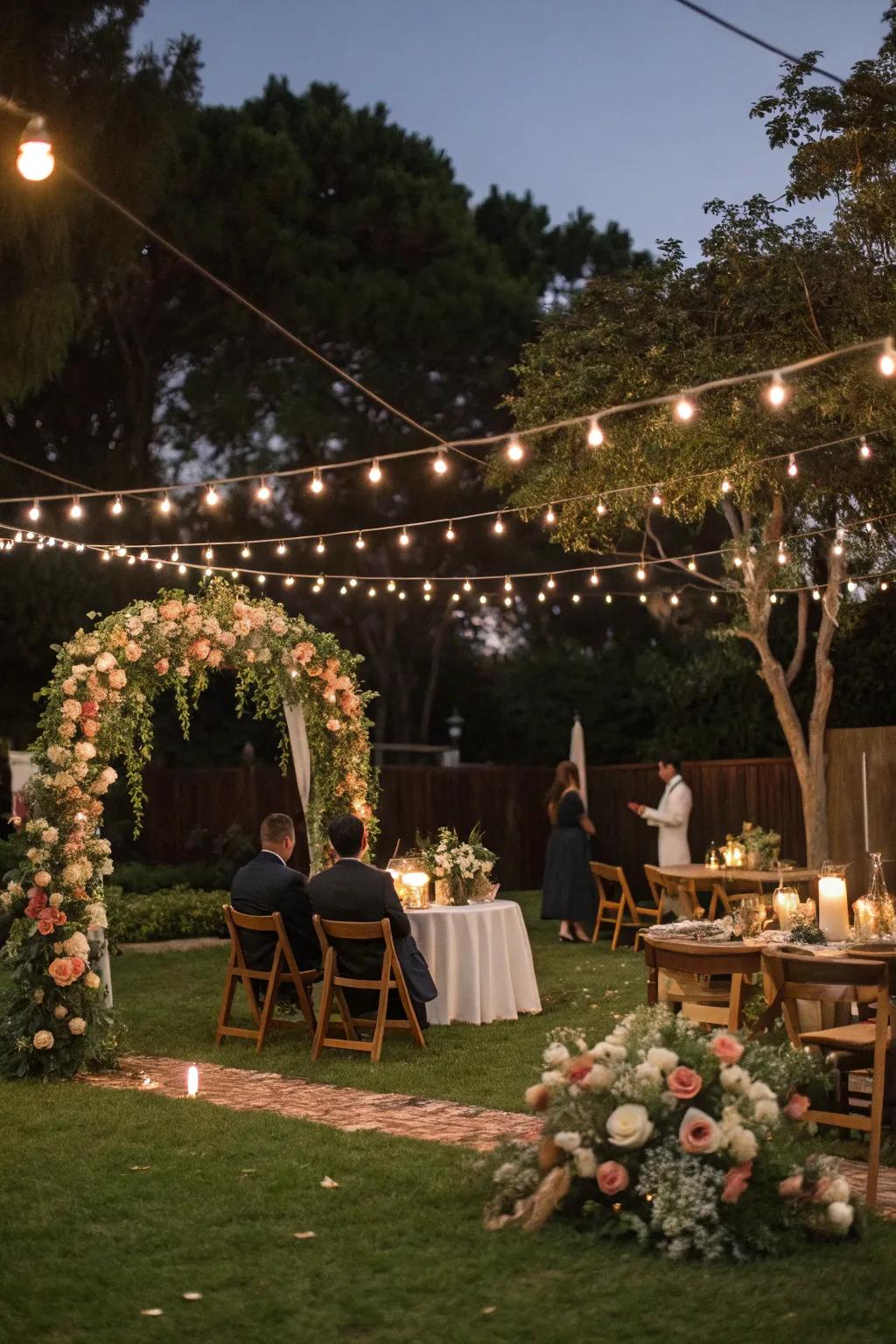 Twinkling string lights create a magical atmosphere for a backyard wedding.