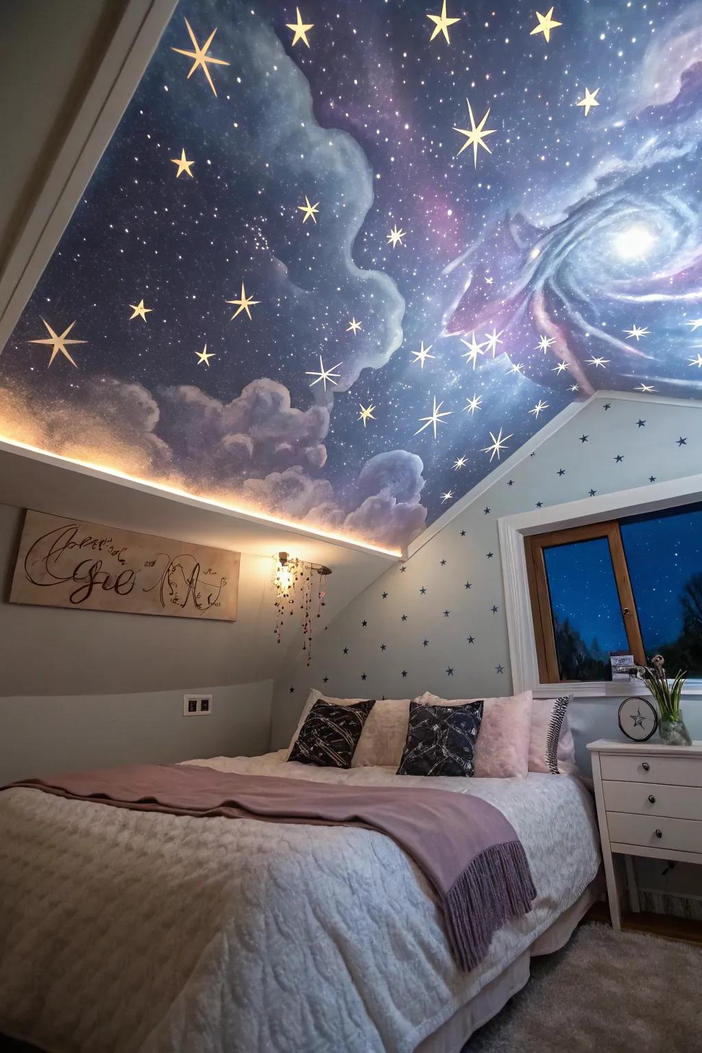 Craft a celestial haven with an imaginative ceiling artwork.