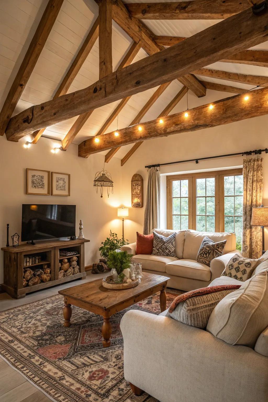 Exposed wooden beams take center stage, imbuing this space with inviting rustic charm.