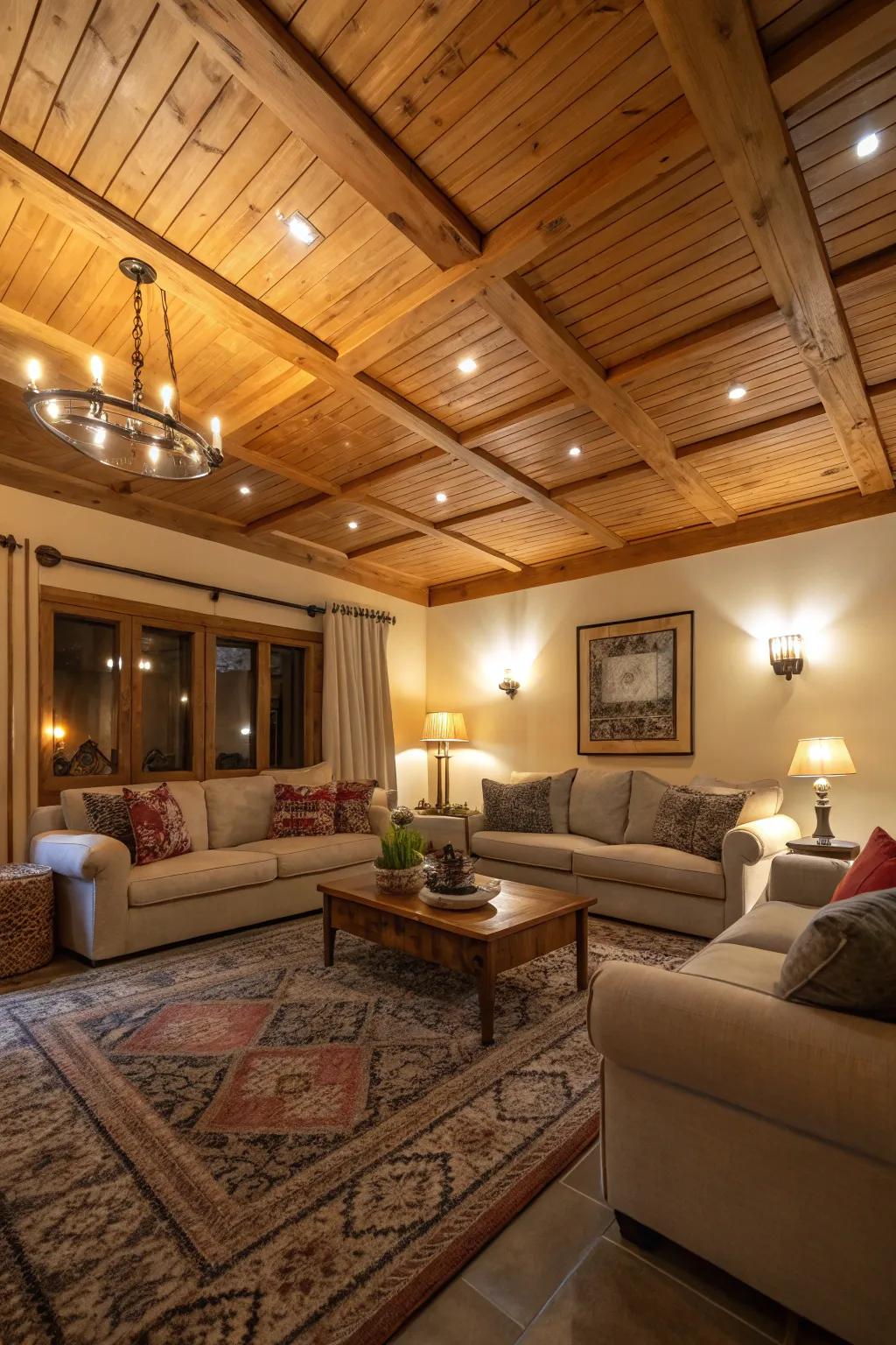 Wooden ceiling panels create a warm and inviting atmosphere.