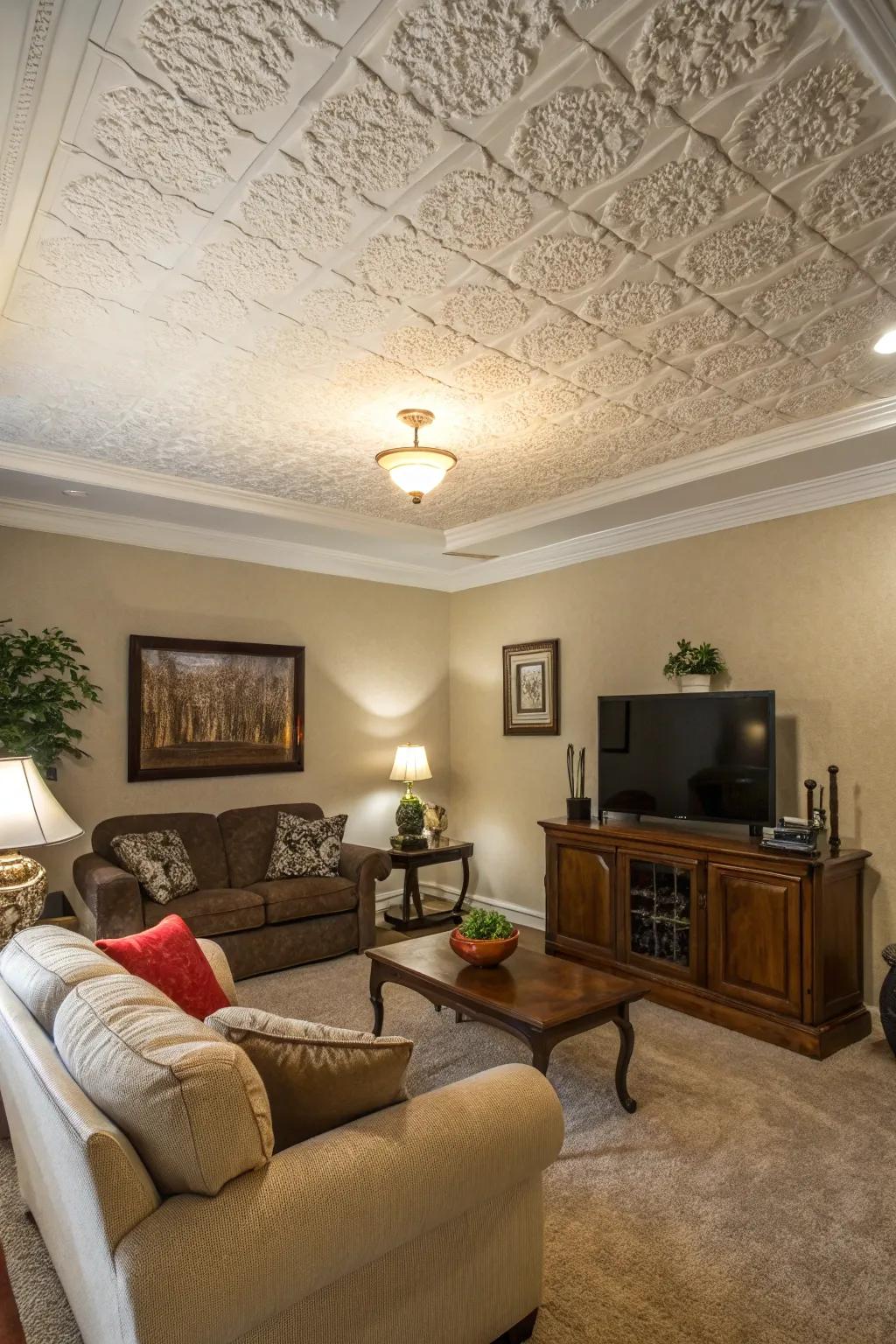 Embrace the cozy and nostalgic feel with a classic popcorn ceiling.