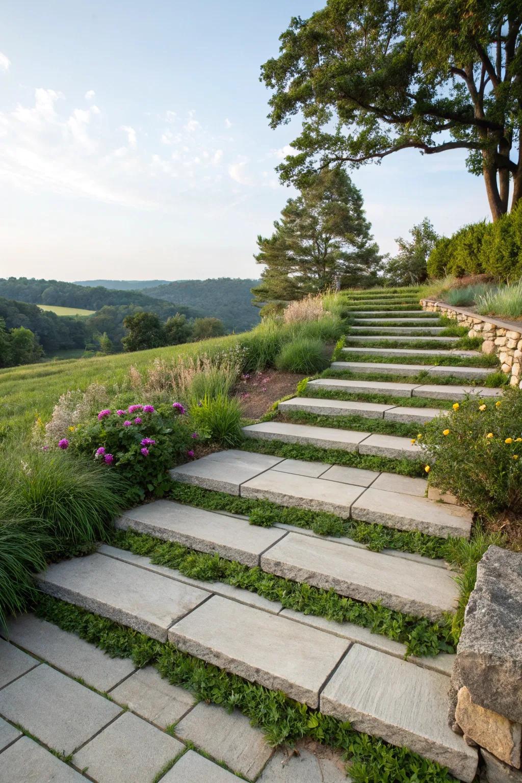 A serene convergence of cement steps and interwoven grass, crafting a natural ambiance.