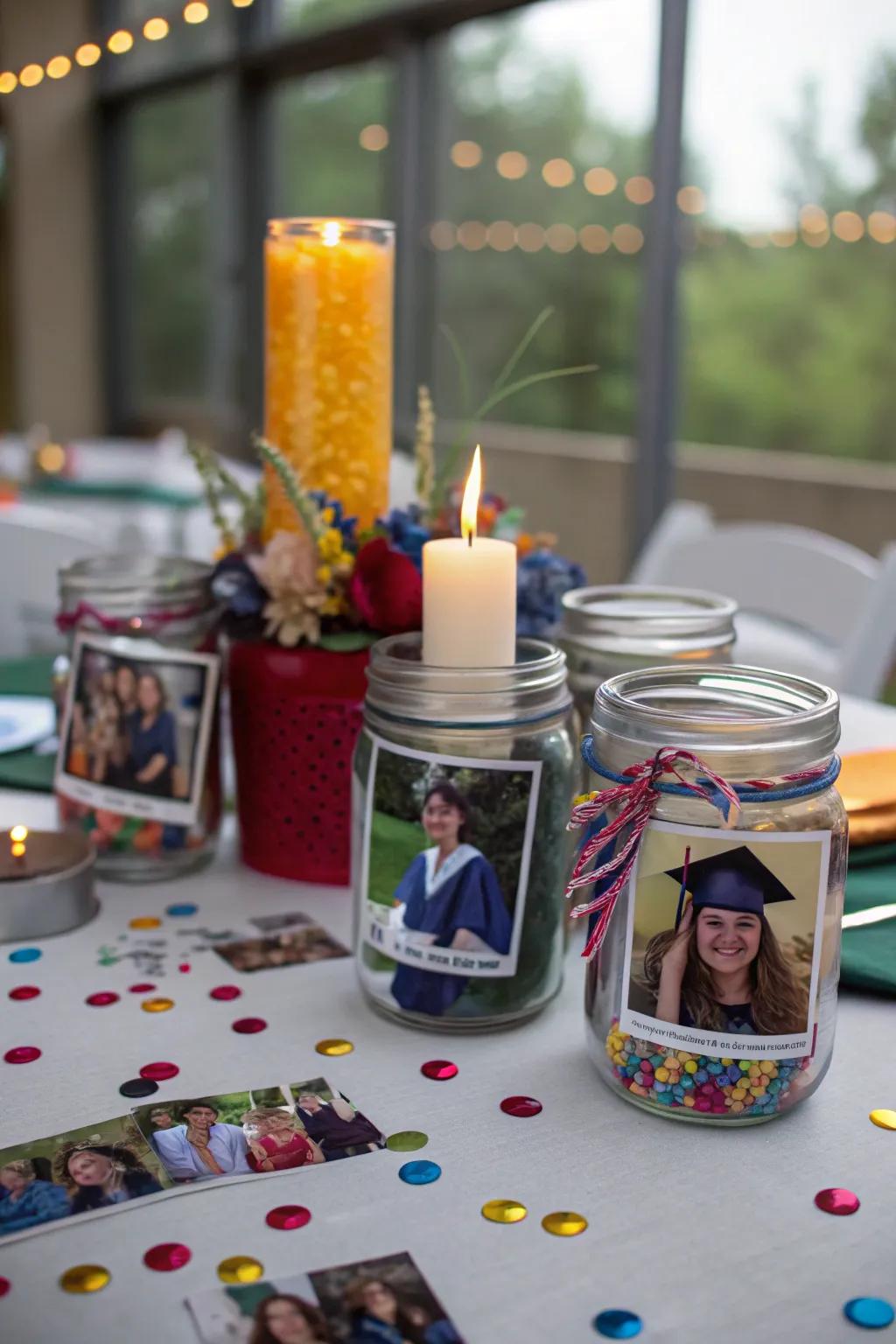 Glass containers brimming with treasured memories make for heartwarming centerpieces.