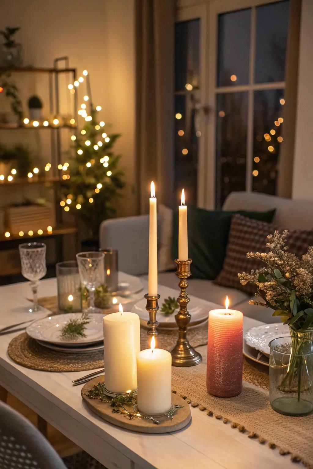 Candles offer a warm, inviting atmosphere without needing floral accents.