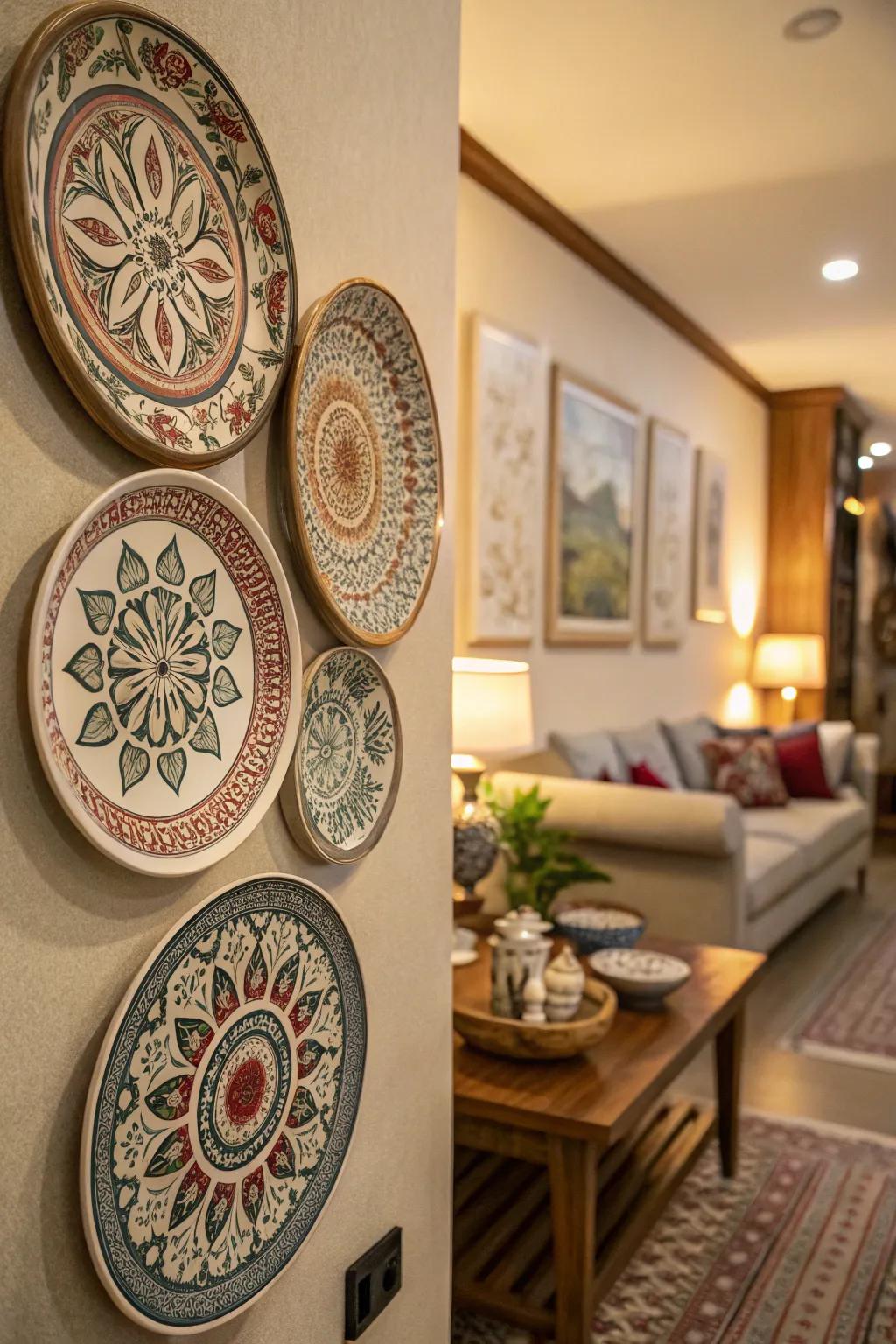 Enhance your walls with ornamental ceramic platters for a customized feel.