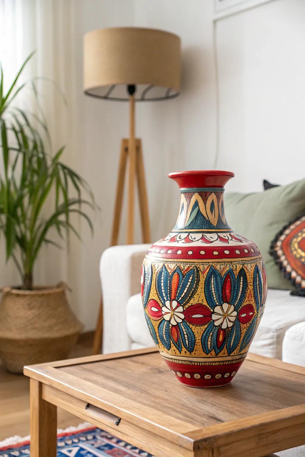 A vibrant ceramic vase serves as a captivating centerpiece in a minimalist living space.