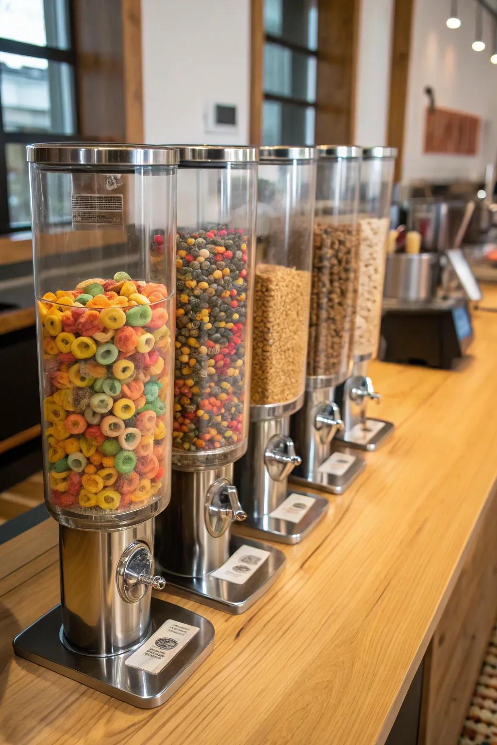 See-through dispensers for a tidy and structured cereal bar.