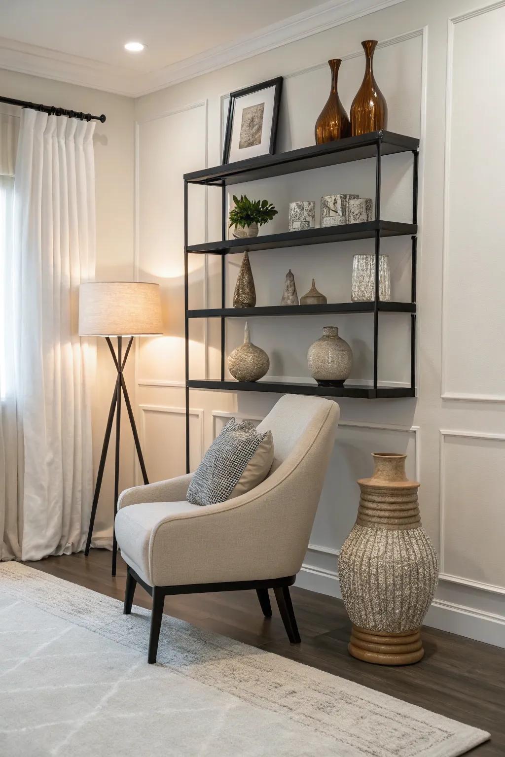 Minimalist elegance with a simple chair rail shelf display.