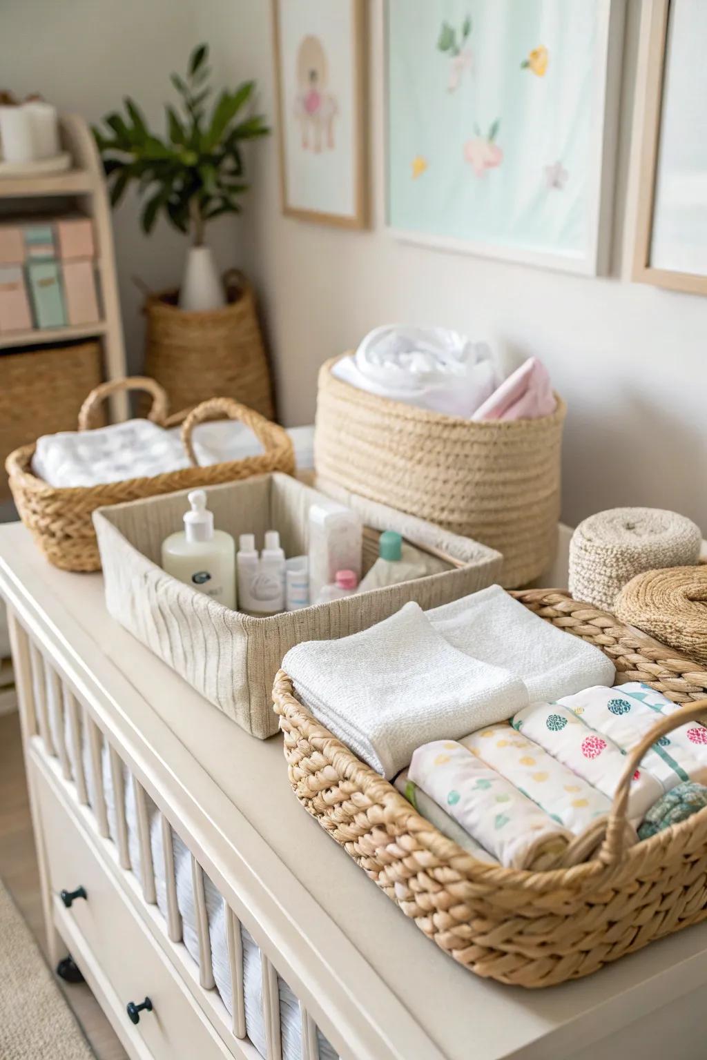 Braided containers neatly arrange baby essentials on a changing station.