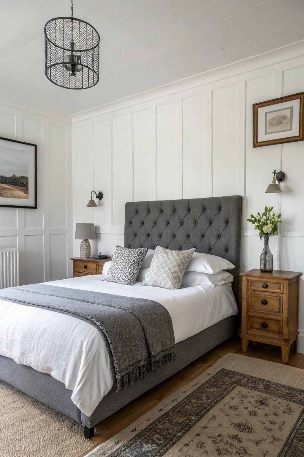 Charcoal grey headboard set against pristine white walls for a fresh, modern atmosphere.