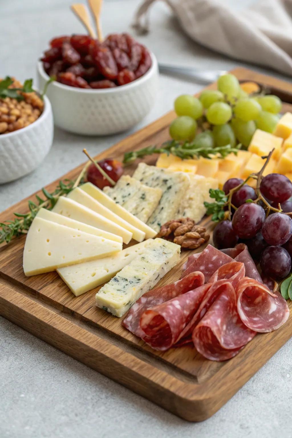A classic charcuterie board arrangement.