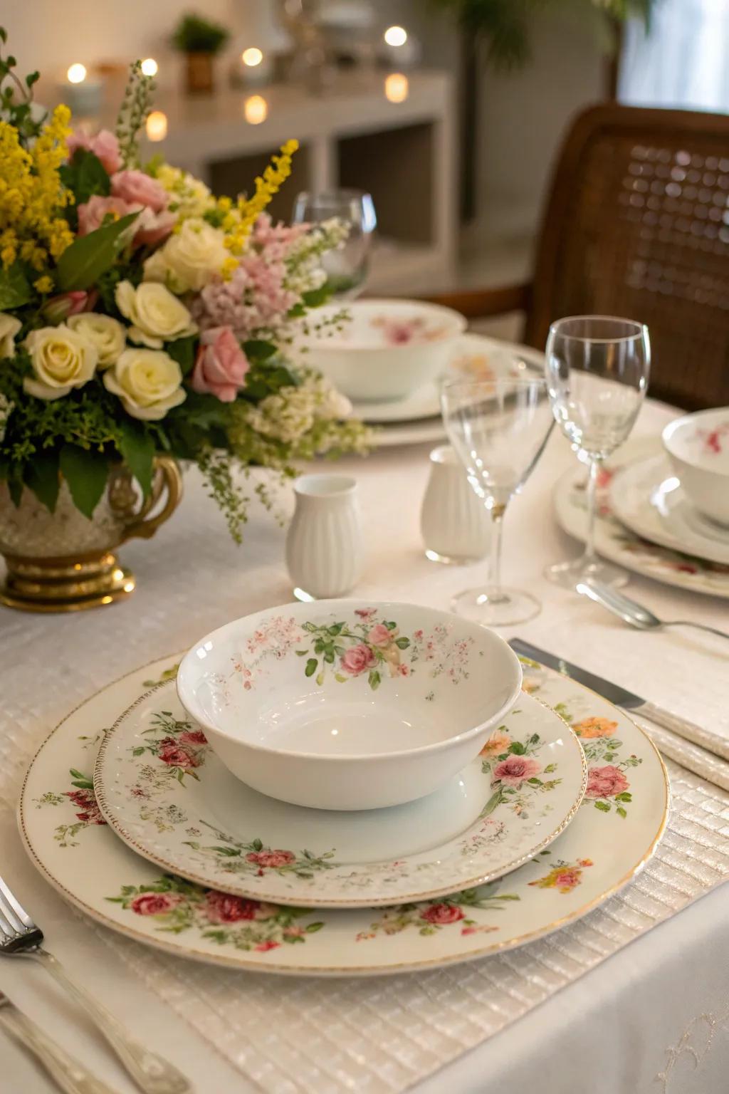 Floral chargers infuse your dining area with a garden's gentle touch.