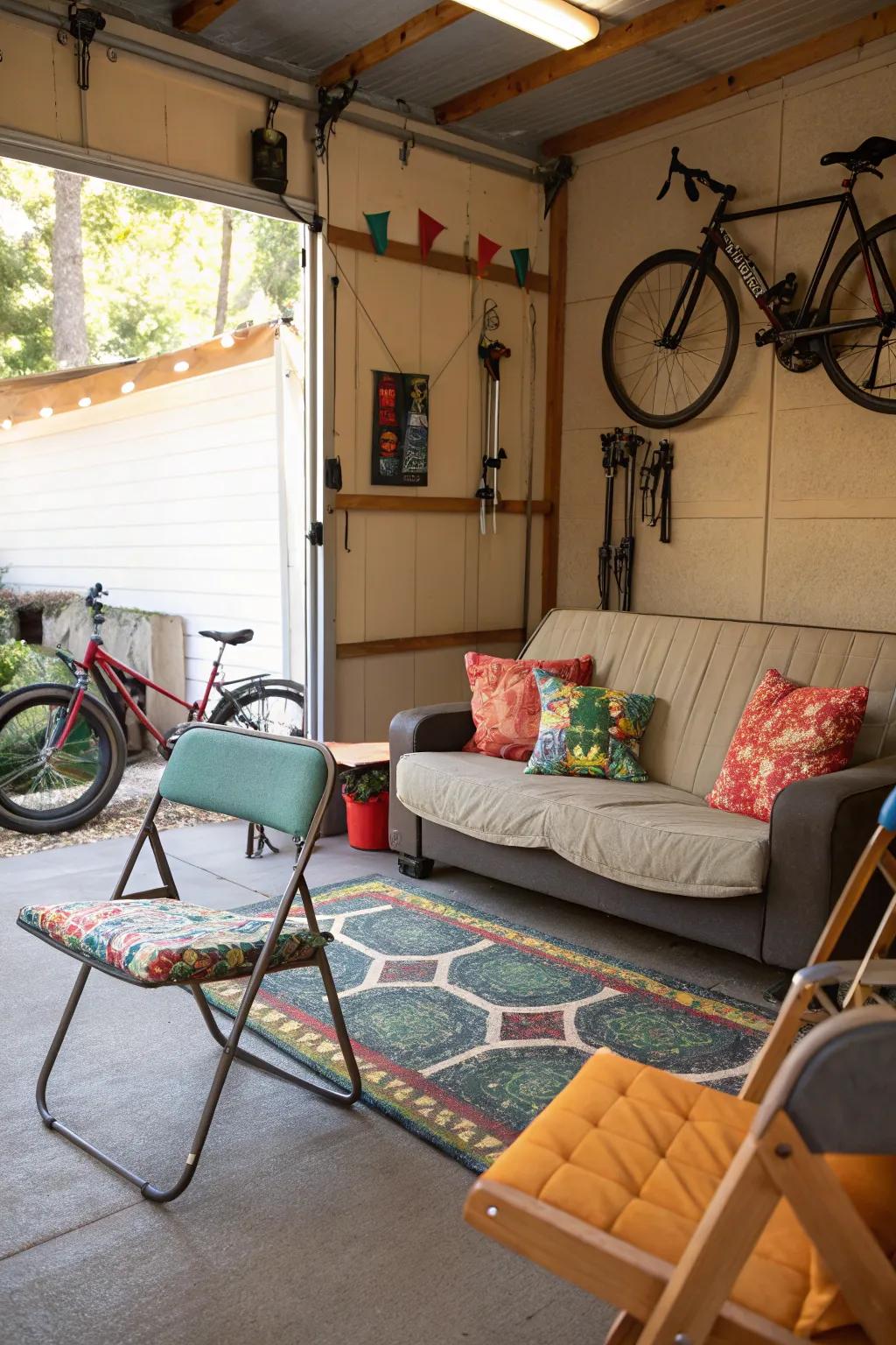 A cozy seating area forms the heart of your garage hangout.