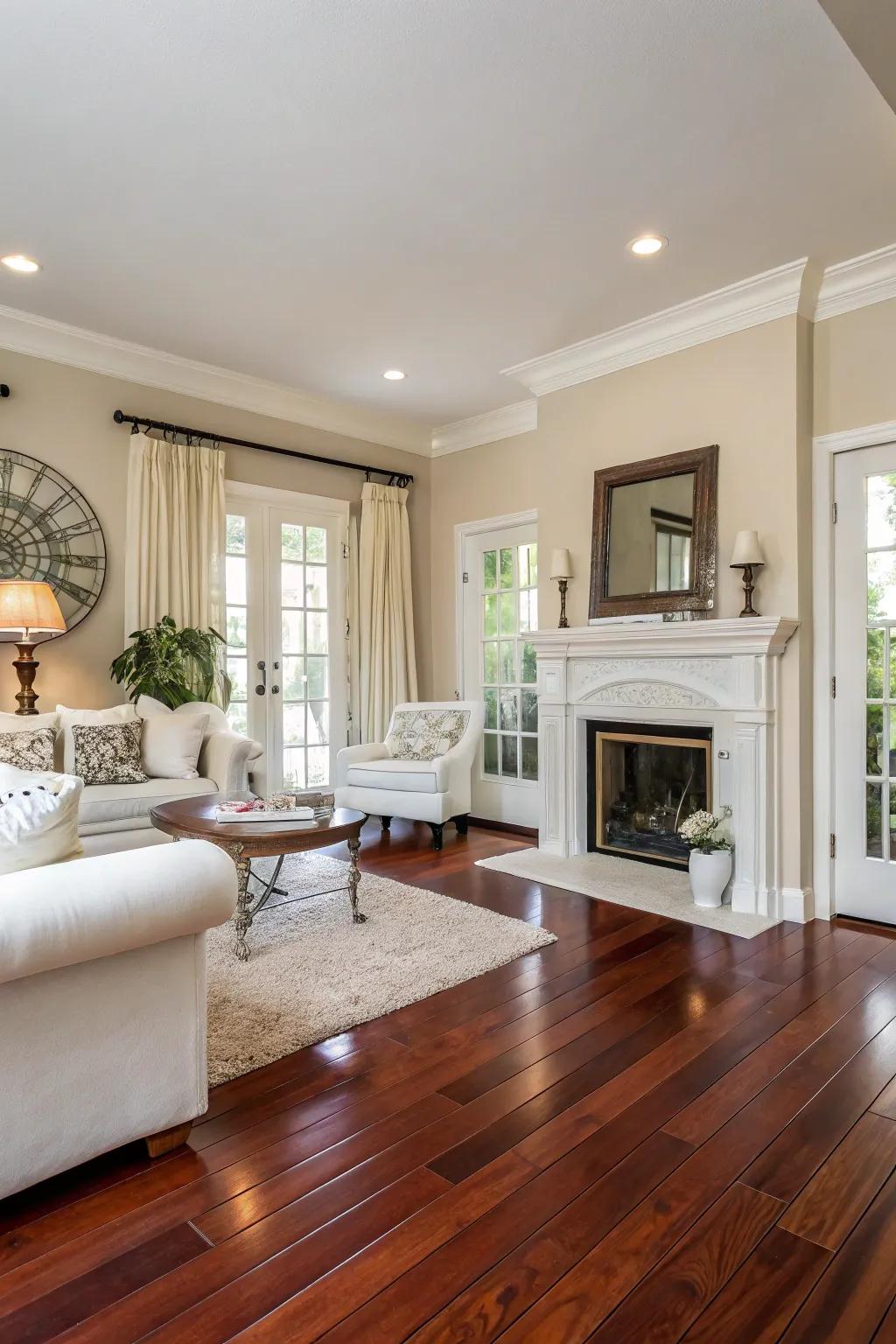 Harmonizing light walls with deep polished redwood floors for aesthetic equilibrium.