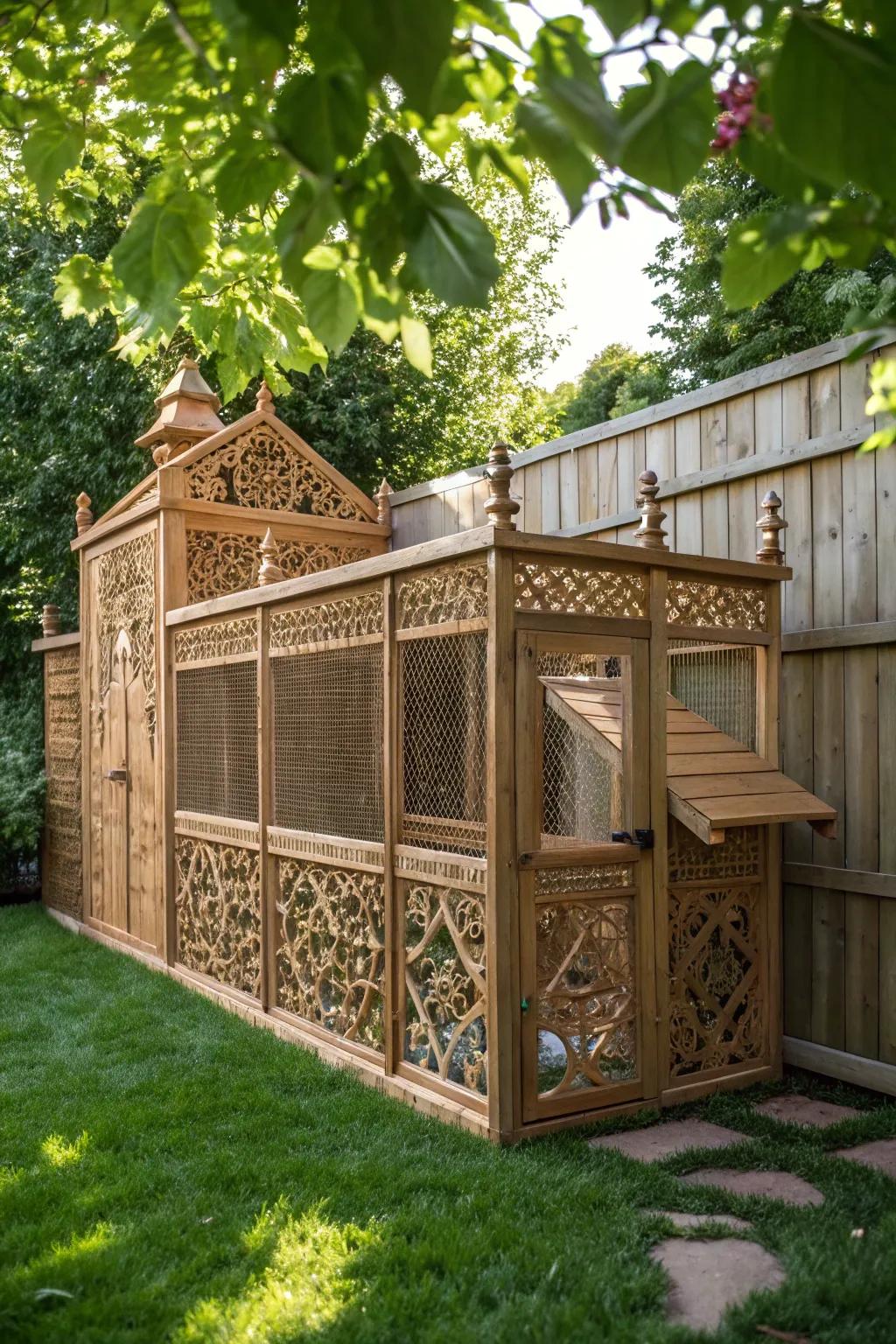 Transform your backyard with a secure and eye-catching chicken space that merges artistic design and functional utility.
