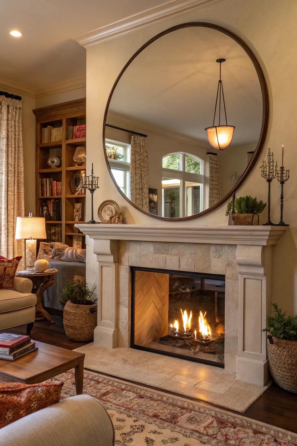 A circular reflector above the fireplace broadens the area and introduces a sophisticated element.
