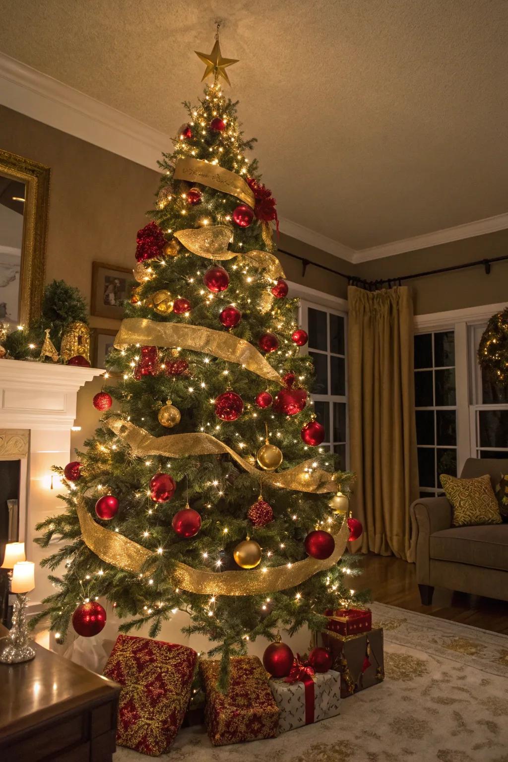 A classic scarlet and gilded holiday bauble tree, ideal for a traditional holiday setting.