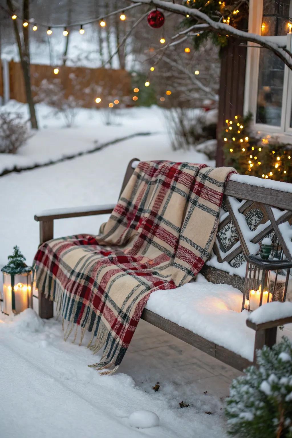 A patterned throw on a bench evokes a sense of warmth and holiday welcome.