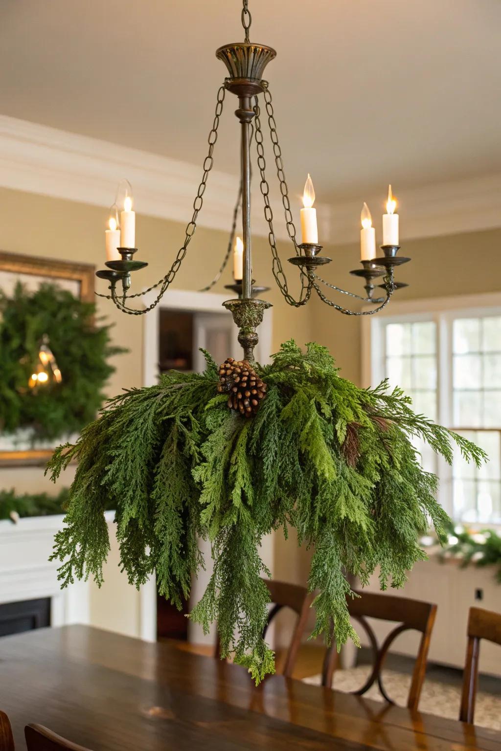 Greenery transforms a chandelier, turning it into a captivating emblem of festivity.