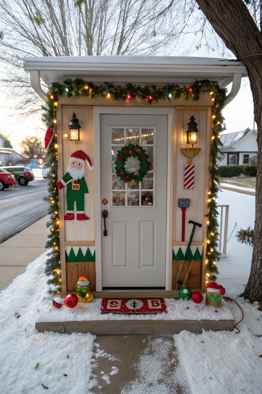 Let your entrance become a lively depiction of Santa's creative space.