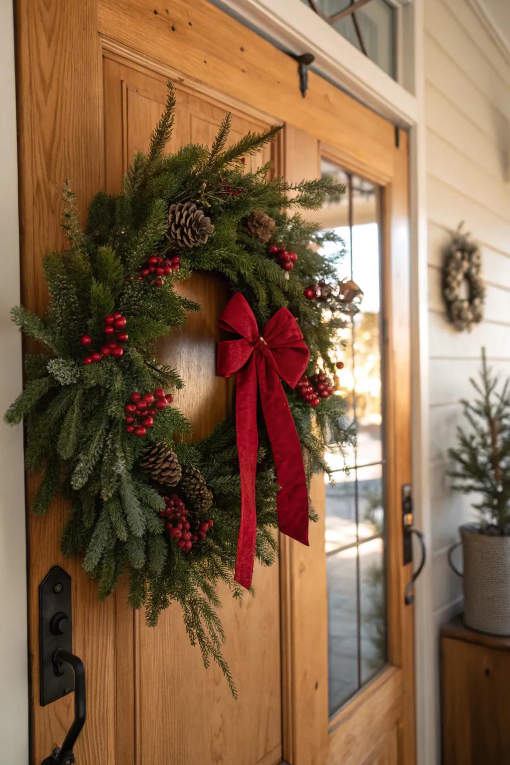 A timeless evergreen wreath, highlighted with a striking red bow, enhances this festive door.