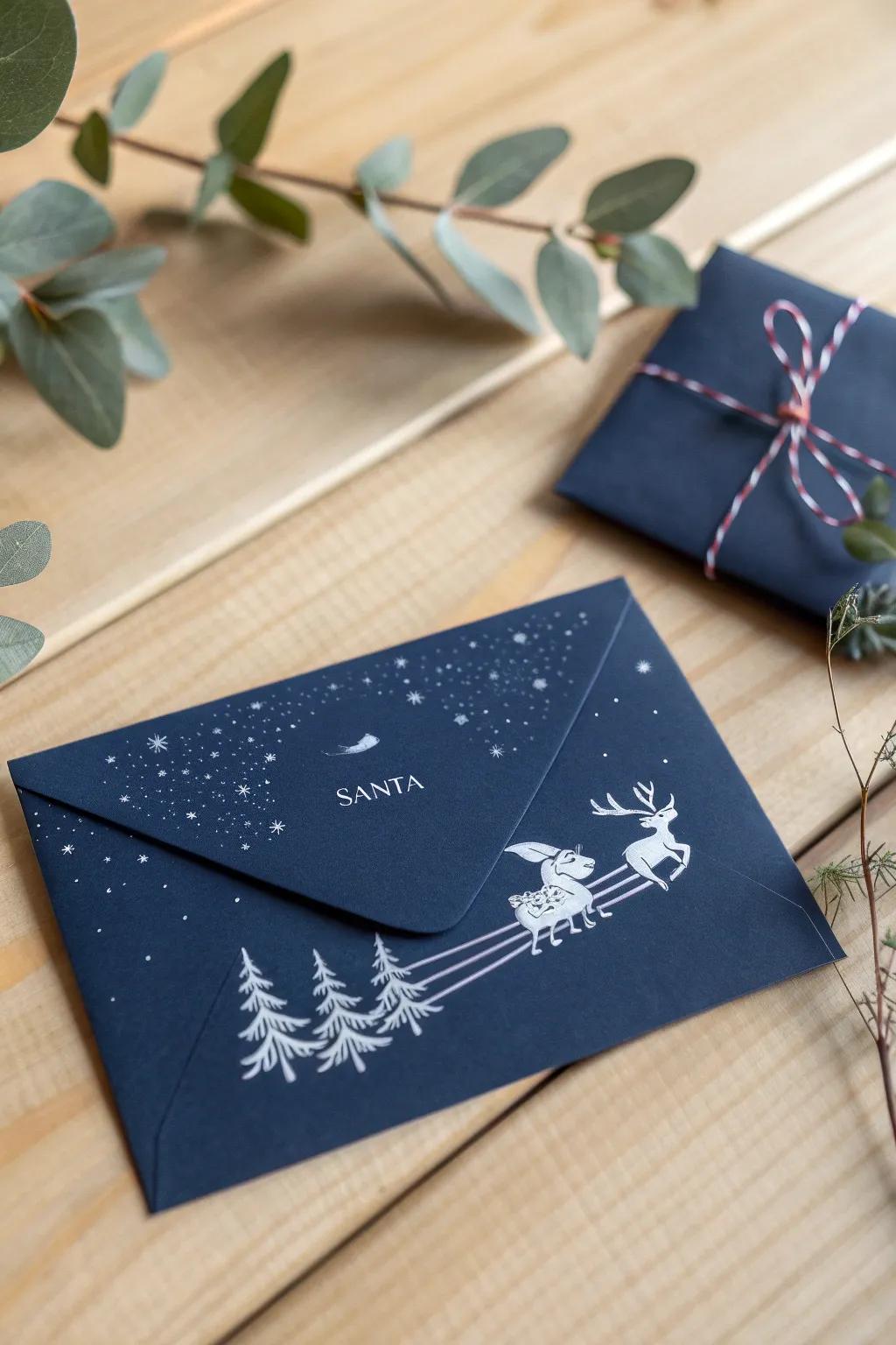 Embrace the enchantment of the festive period with this captivating Santa's flight envelope design.