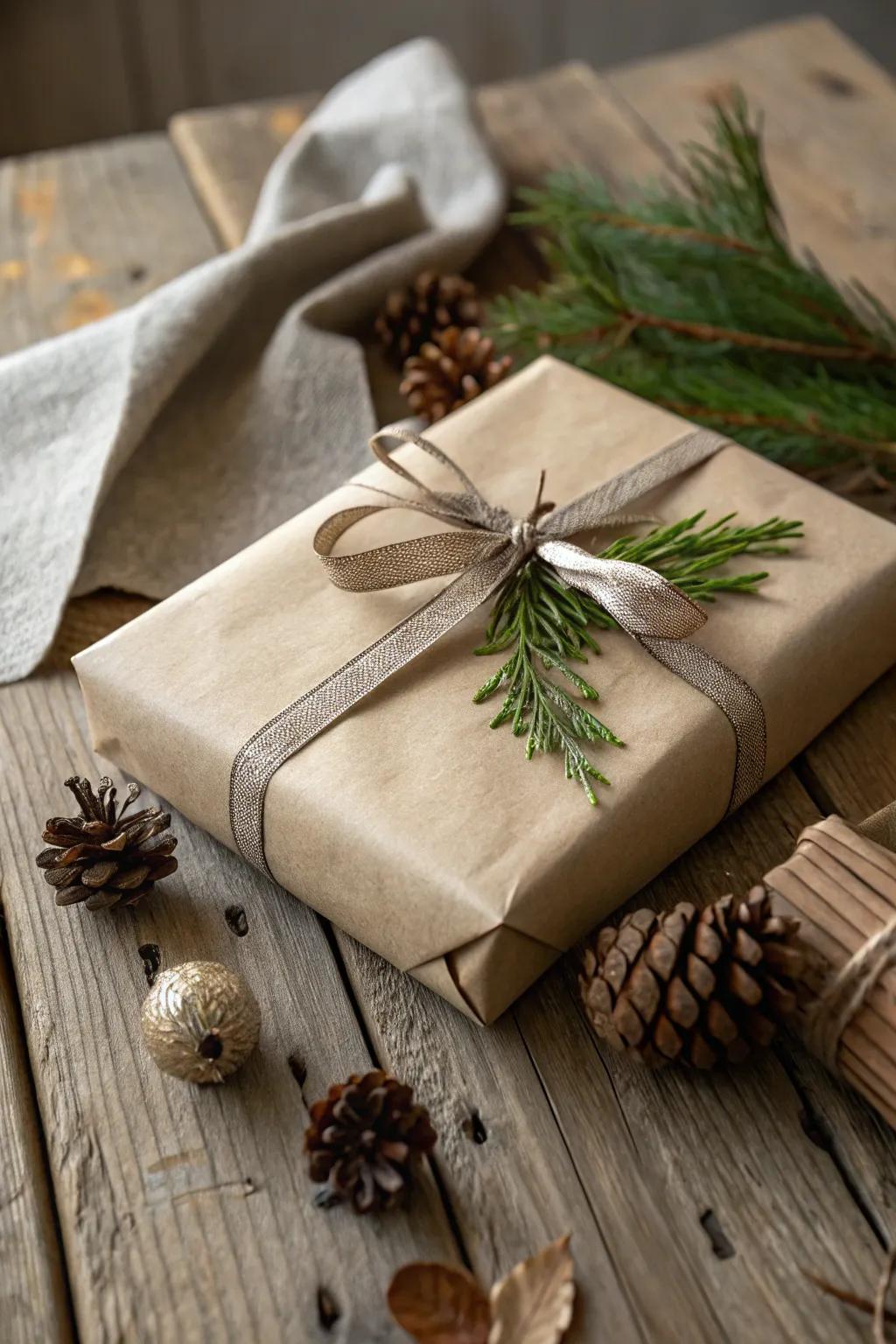 Elegant gift wrapped in natural fiber paper with a silky band and evergreen sprig.