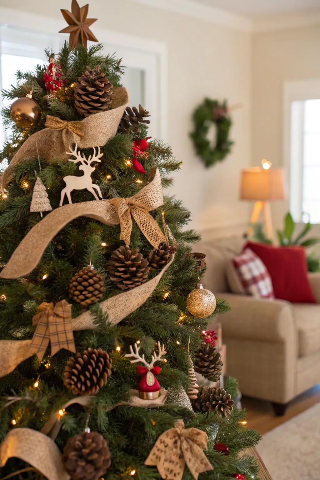 A Christmas tree adorned with a forest theme, radiating rustic elegance.