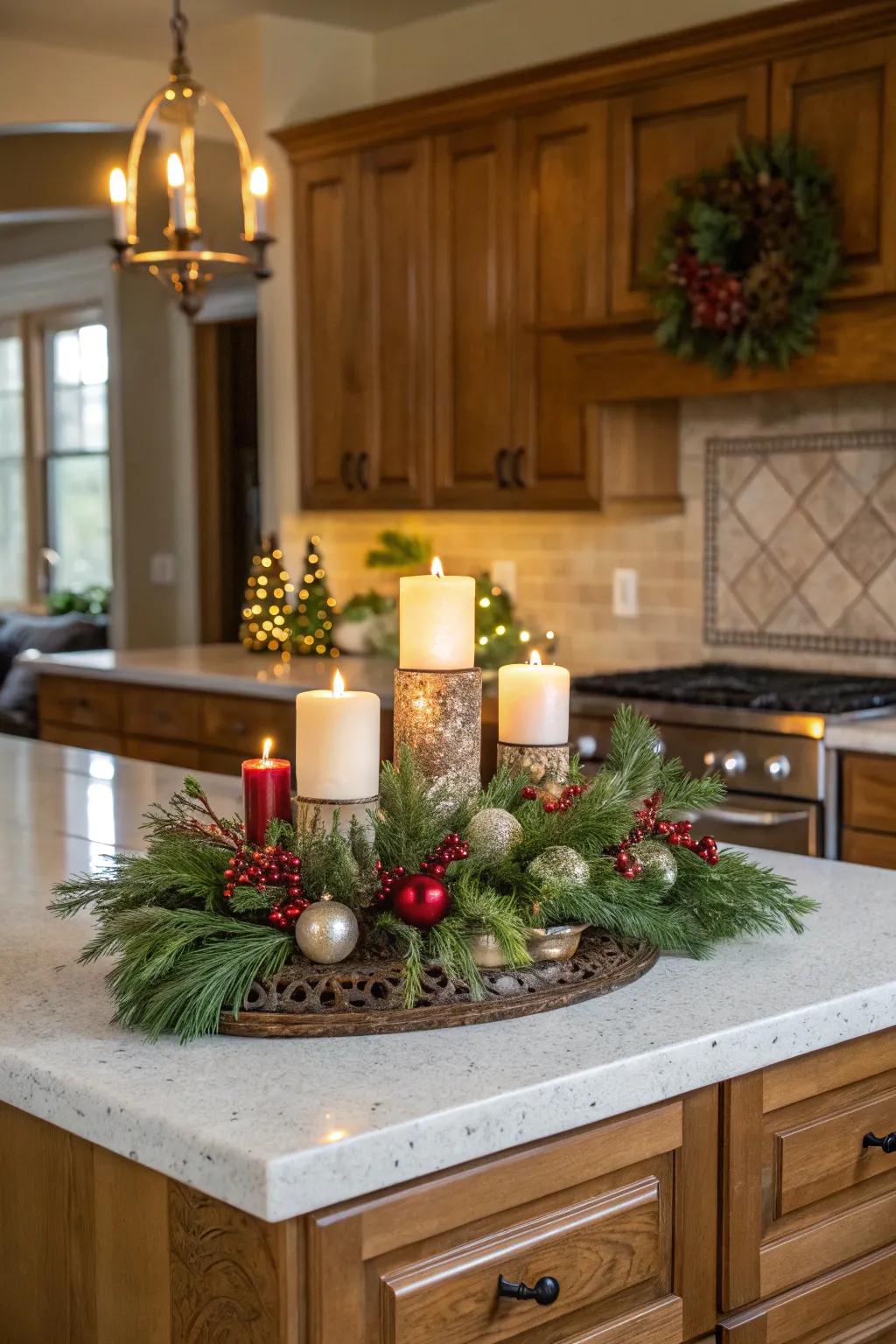 An enchanting centerpiece casts a warm glow upon the kitchen island.