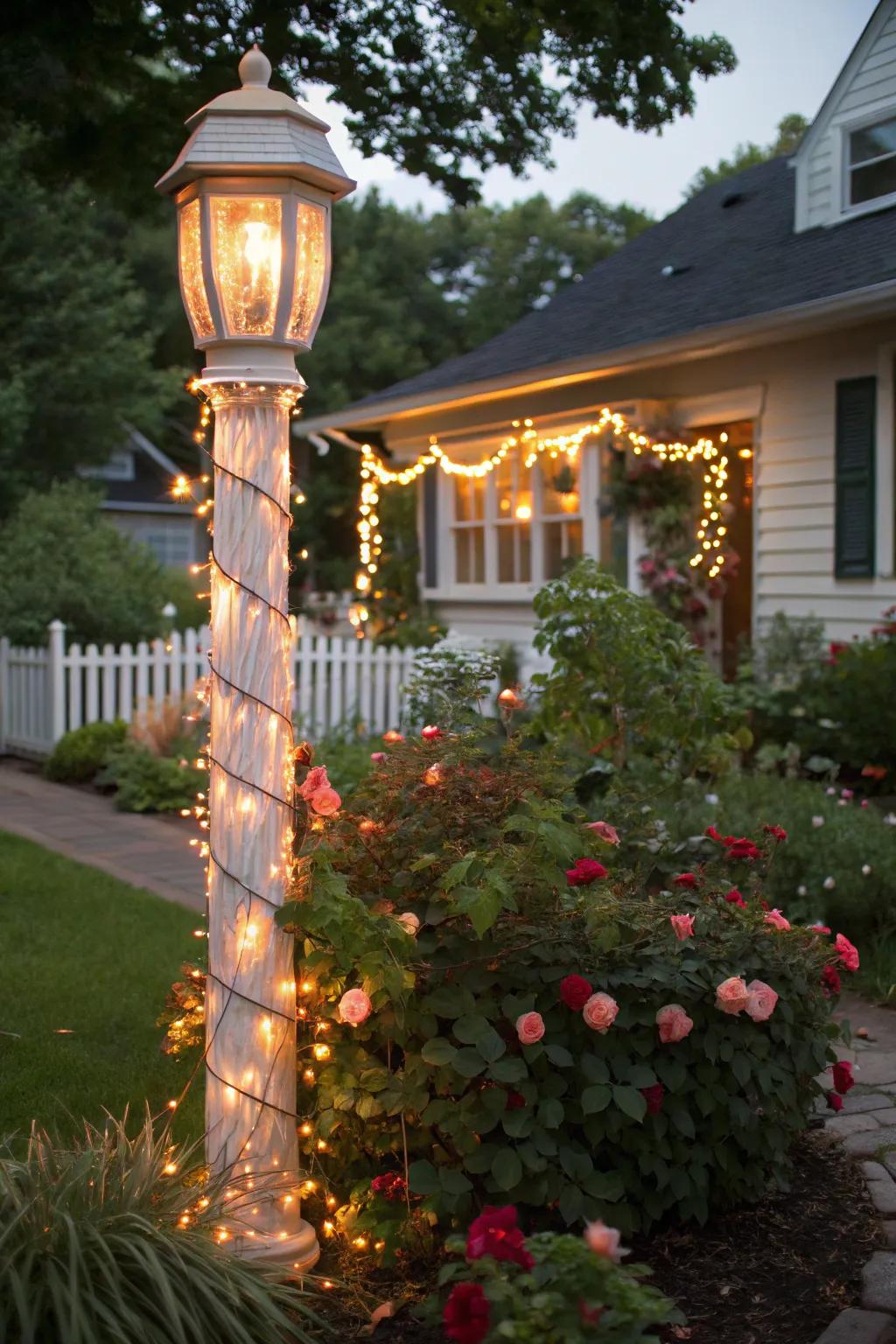 A lamp post is artistically entwined with shimmering Christmas lights.