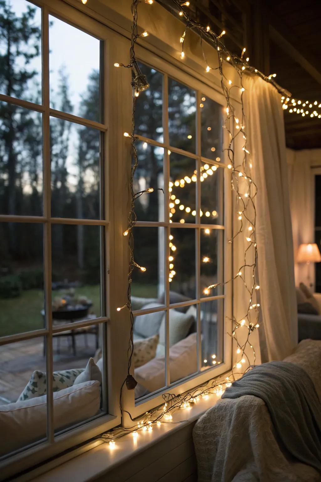 Classic string lights frame the window, adding a timeless festive charm.