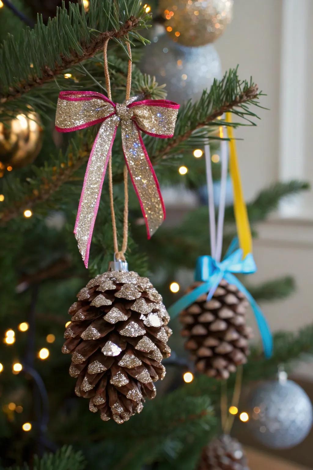 Woodland cone decorations with shimmer and striped cloth displayed on a Christmas tree.