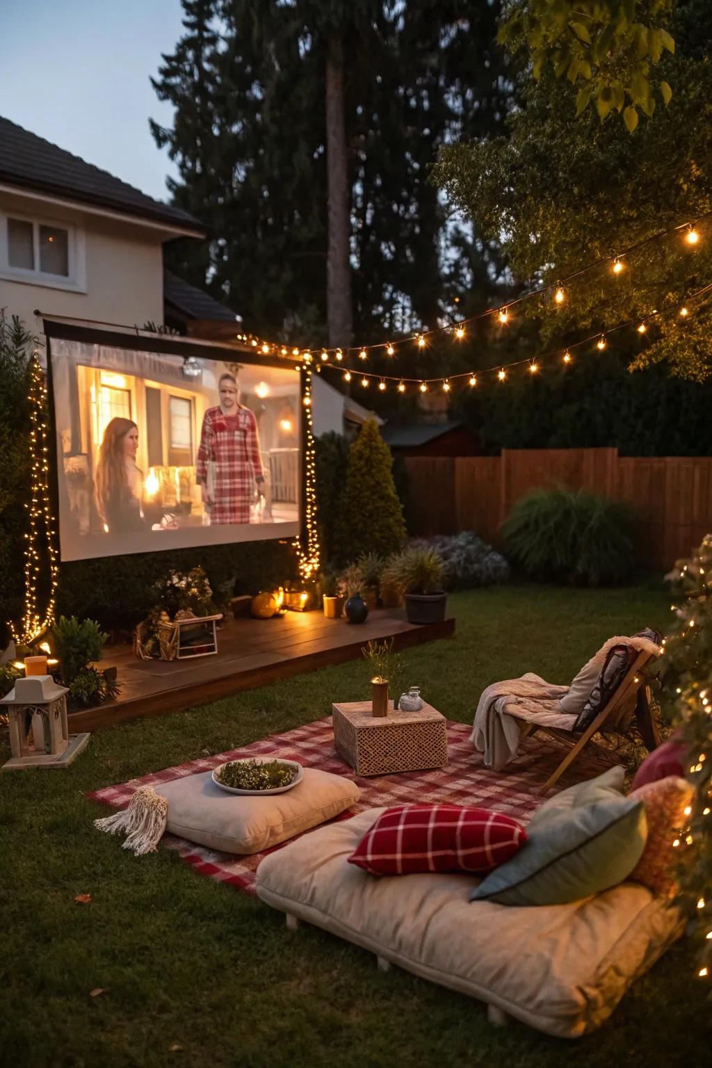 A captivating outdoor Christmas film setting with all the comfortable extras.