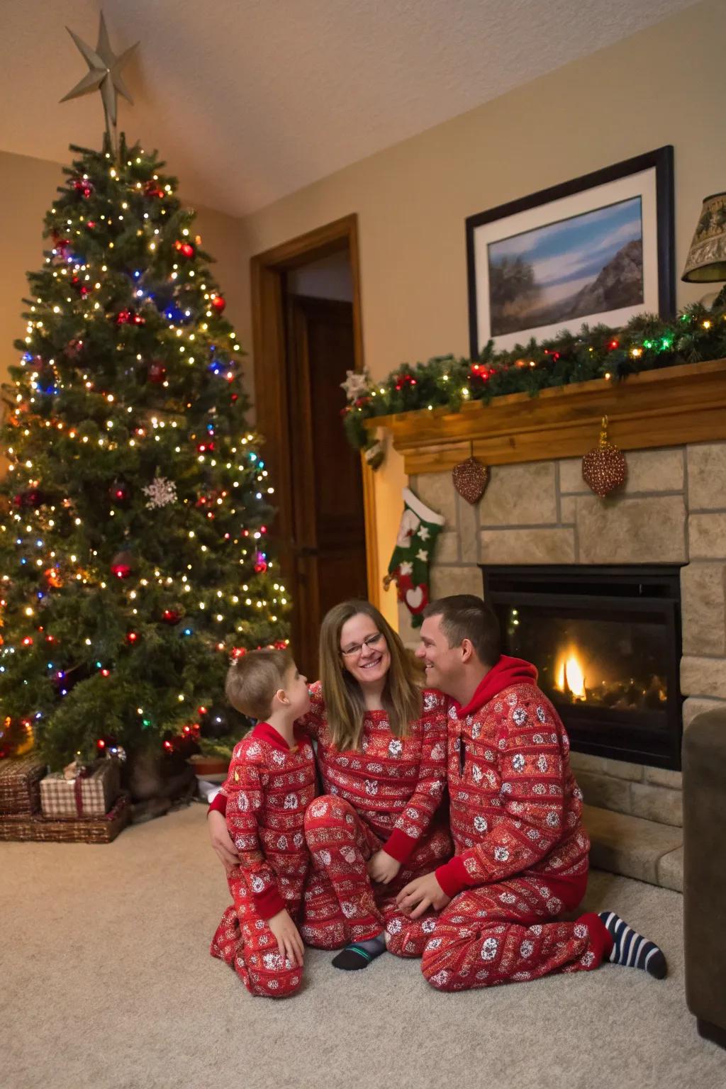 A family reveling in a joyous pajama party by the Christmas tree.