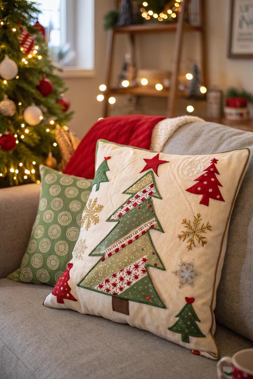 Handcrafted Evergreen Tree Pillow lending allure to the holiday setting.