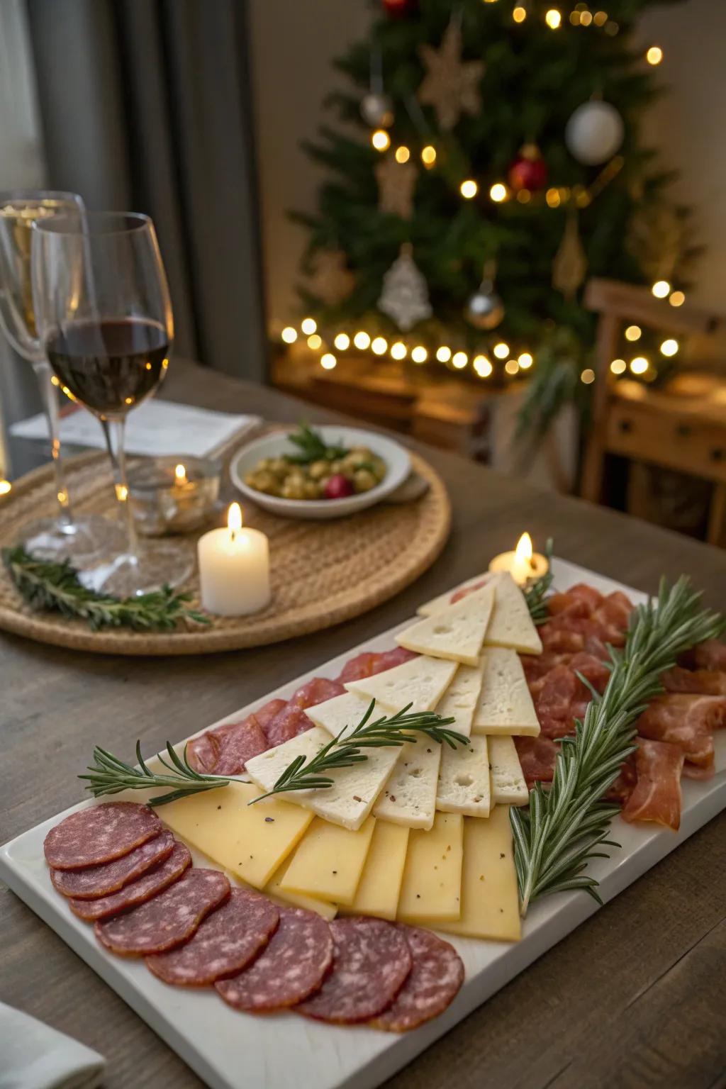 Christmas tree charcuterie platter with cheese and meats.