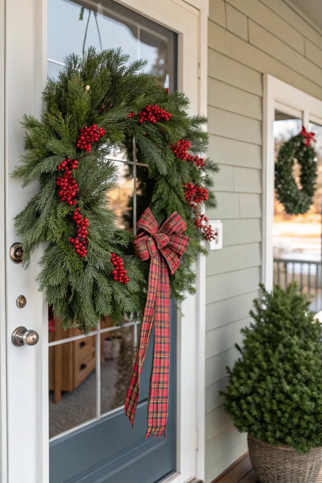 Traditional Christmas swag with evergreen branches and plaid ribbon.