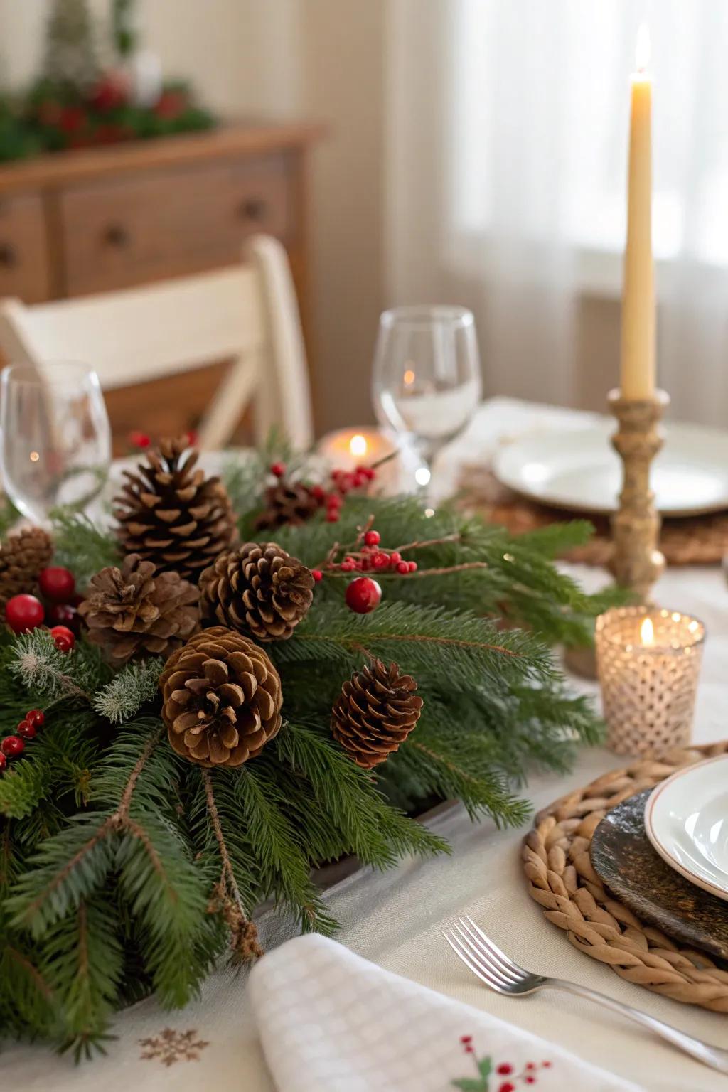 Evergreen branches coupled with pinecones conjure a classic and refreshing table centerpiece.