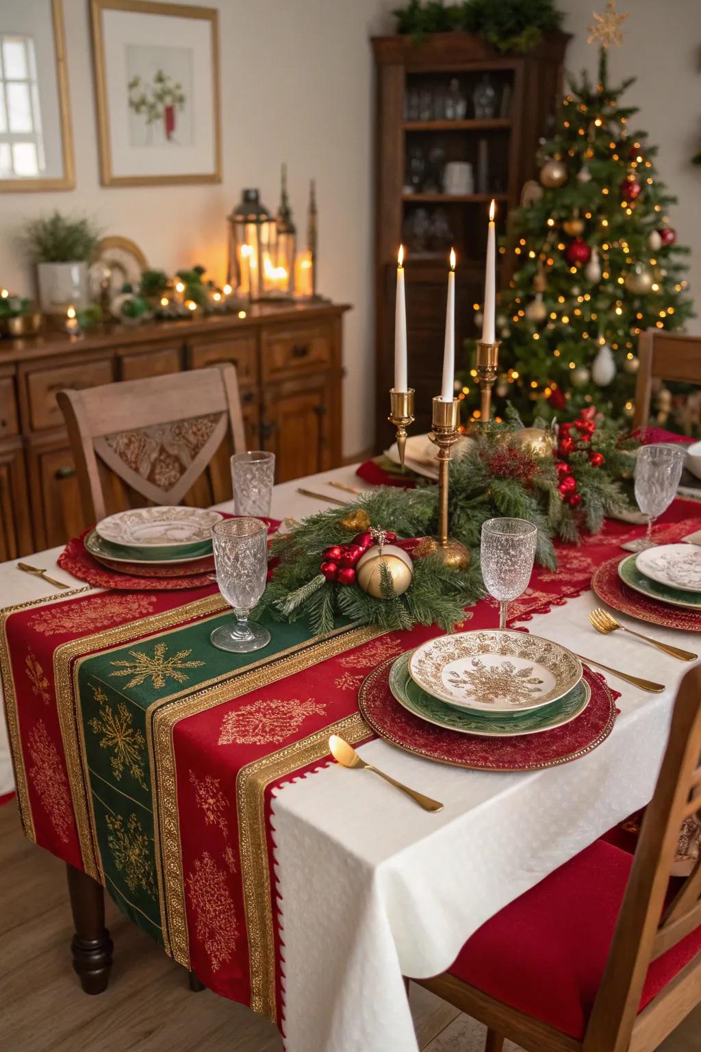 Classic Christmas colors establish a cozy and welcoming table setting.