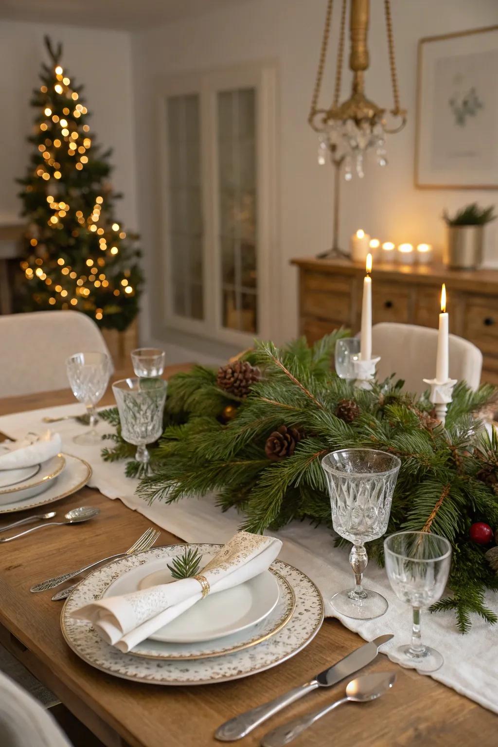 Evergreen boughs are at the core of a celebratory table display.