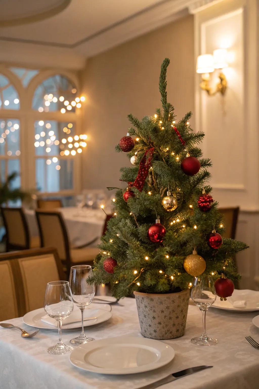 A diminutive Christmas tree contributes a festive atmosphere to the table.