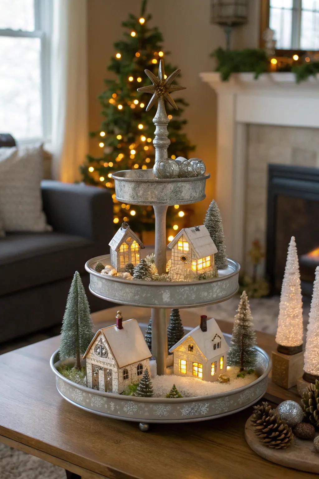 A captivating miniature Christmas village displayed on a tiered stand.