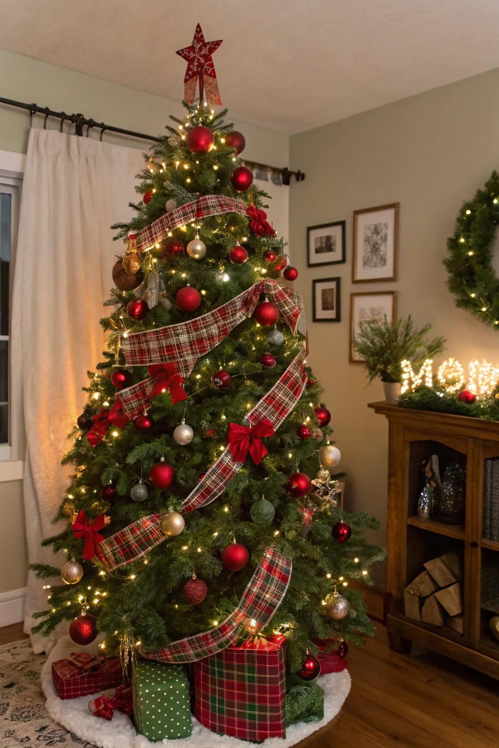 A classic crimson and verdant Christmas tree.