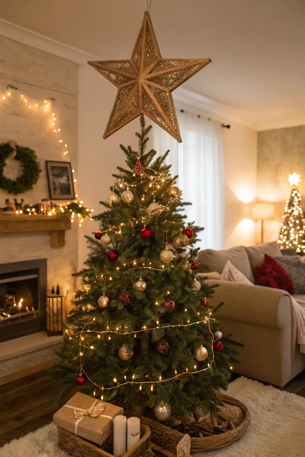 A wooden star adds rustic charm to a festive Christmas tree.
