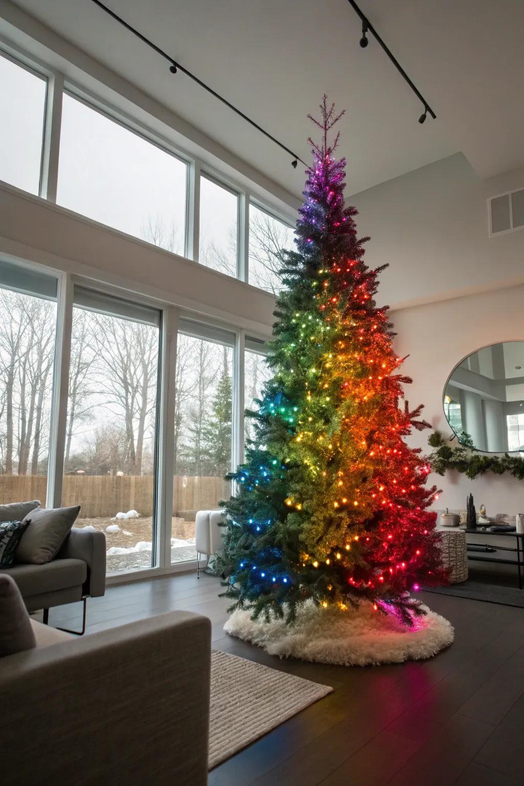 An exquisite Christmas tree exhibiting a rainbow progression of colored illuminations, establishing a vibrant point of focus.