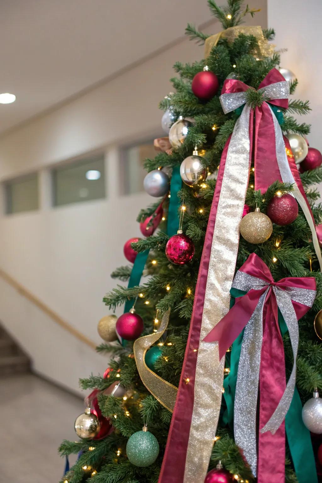 A Christmas tree adorned with glossy and shimmering ribbons cascading vertically, radiating a glamorous charm.